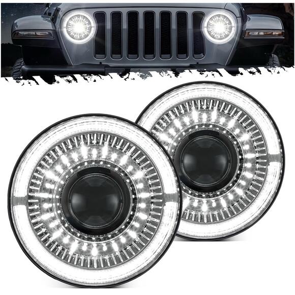 7” Round LED Headlights w/ Halo DRL Turn Signal for Wrangler JK TJ CJ DOT - Picture 1 of 8